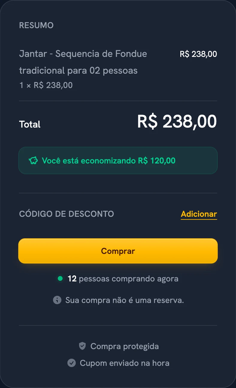 Resumo da compra com o total, a economia e o botão Comprar